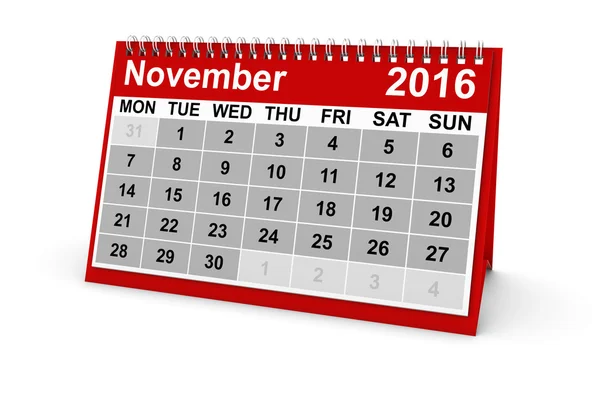 November 2016 Desk Calendar 3D Illustration Isolated on White — Stock Photo, Image