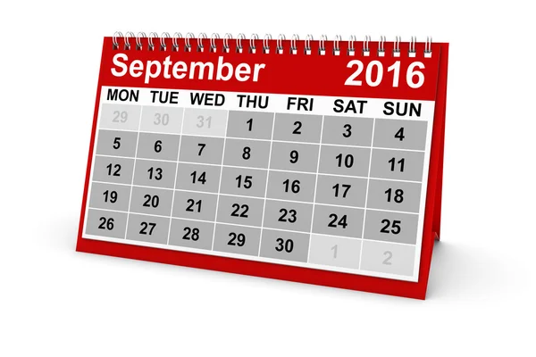 Setembro 2016 Desk Calendar Ilustração 3D Isolada em Branco — Fotografia de Stock