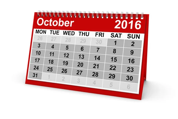 Octubre 2016 Calendario de escritorio Ilustración 3D aislado en blanco —  Fotos de Stock