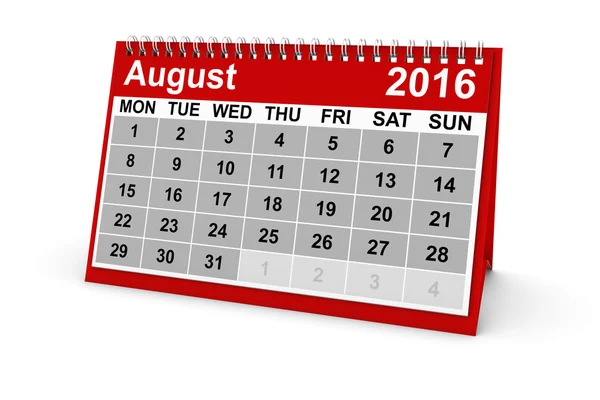 Agosto 2016 Scrivania Calendario 3D Illustrazione isolato su bianco — Foto Stock