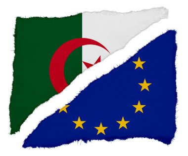 Cezayir ve AB bayrağı yırtık kağıt artıkları beyaz arka plan üzerinde izole