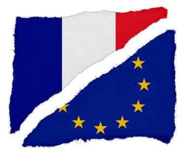 Fransız ve Avrupa Birliği bayrağı yırtık kağıt artıkları beyaz arka plan üzerinde izole