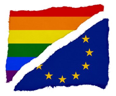 Gay gurur ve AB bayrağı yırtık kağıt artıkları beyaz arka plan üzerinde izole