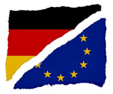 Alman ve Avrupa Birliği bayrağı yırtık kağıt artıkları beyaz arka plan üzerinde izole