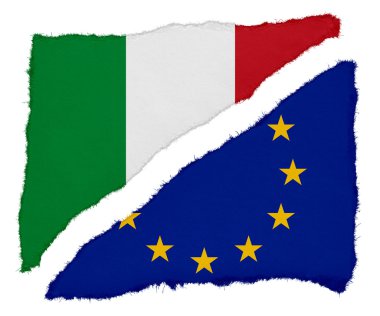 İtalyan ve Avrupa Birliği bayrağı yırtık kağıt artıkları beyaz arka plan üzerinde izole