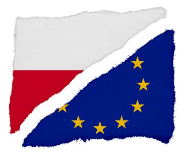 Polonya ve Avrupa Birliği bayrağı yırtık kağıt artıkları beyaz arka plan üzerinde izole