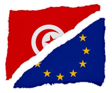 Tunus ve AB bayrağı yırtık kağıt artıkları beyaz arka plan üzerinde izole