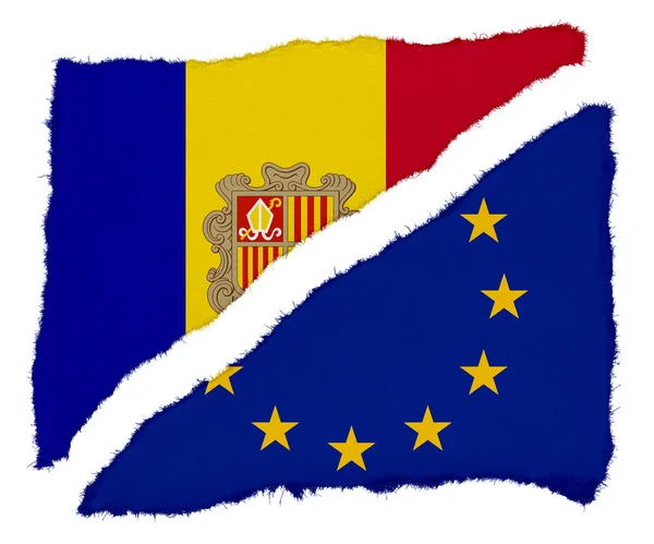 Raspas de papel rasgadas com bandeira da UE e de Andorra isoladas em fundo branco — Fotografia de Stock