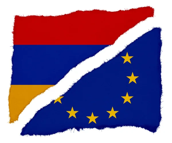 Frammenti di carta strappati dalla bandiera armena e dell'UE isolati su sfondo bianco — Foto Stock