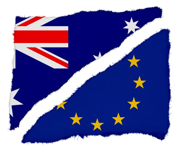 Raspones de papel rasgado de bandera australiana y de la UE aislados sobre fondo blanco — Foto de Stock
