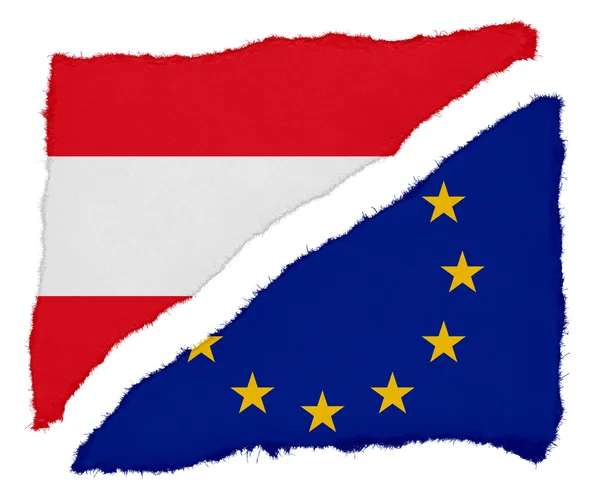 Österrikiska och Eu-flaggan sönderrivet papper Scraps isolerad på vit bakgrund — Stockfoto