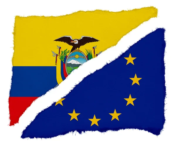 Ecuadoraanse en Eu-vlag gescheurd papier kladjes geïsoleerd op witte achtergrond — Stockfoto