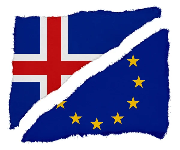IJslandse en de Eu-vlag gescheurd papier kladjes geïsoleerd op witte achtergrond — Stockfoto