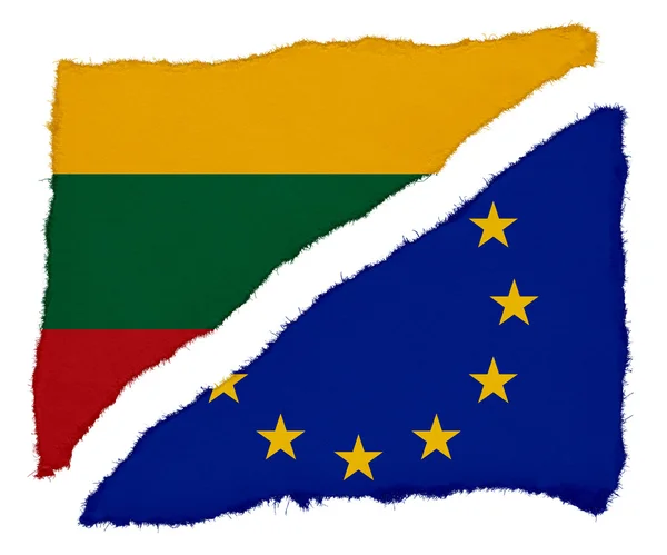 リトアニア語と Eu の旗が白い背景に分離された紙くずを引き裂かれました。 — ストック写真