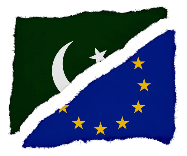 Pakistani and EU Flag Torn Paper Scraps Isolated on White Background — Stock Photo, Image