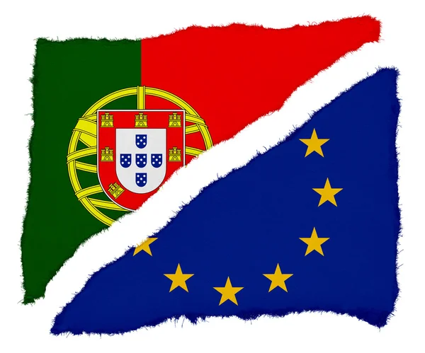 Portugalské a vlajka Eu roztrhané zbytky papíru izolovaných na bílém pozadí — Stock fotografie