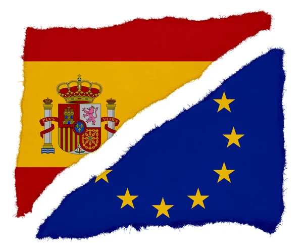 Španělština a vlajka Eu roztrhané zbytky papíru izolovaných na bílém pozadí — Stock fotografie