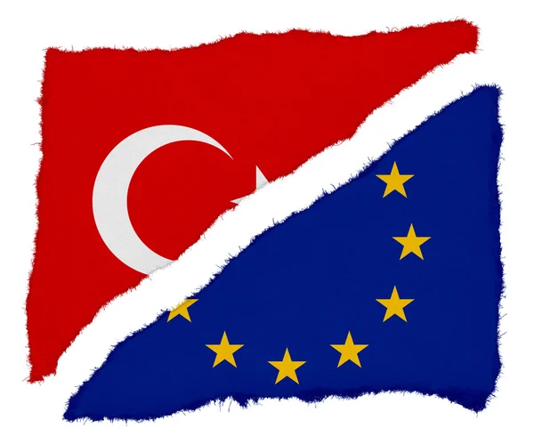 Turks en Eu-vlag gescheurd papier kladjes geïsoleerd op witte achtergrond — Stockfoto