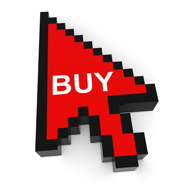 Online nákupní Pixelovaná šipka kurzor se koupit text 3D ilustrace — Stock fotografie