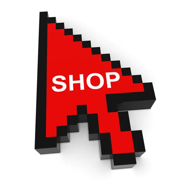 Online-Shopping verpixelter Pfeil-Cursor mit Shoptext 3D-Illustration — Stockfoto