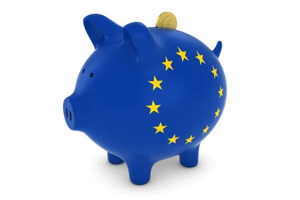 Bandera Europea Hucha con Moneda de Oro Euro Ilustración 3D —  Fotos de Stock