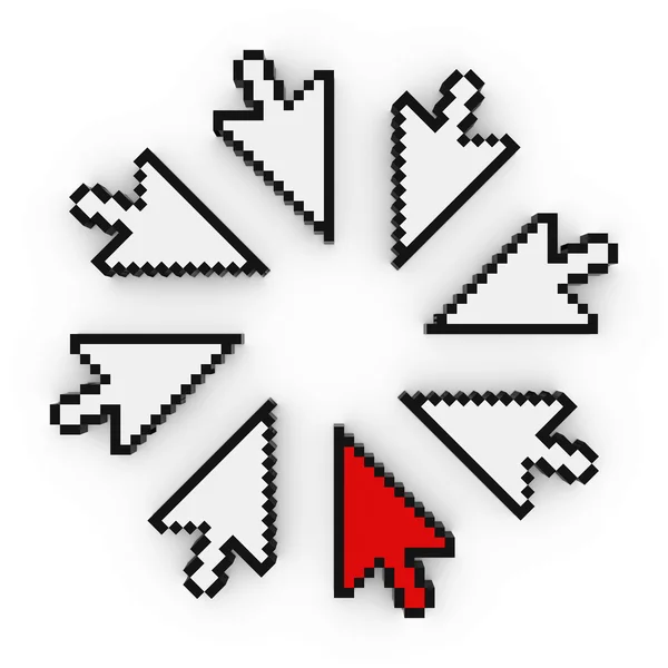 Piros számítógépképernyő mutató nyíl Pixelated kurzorok kör 3D-s illusztráció — Stock Fotó
