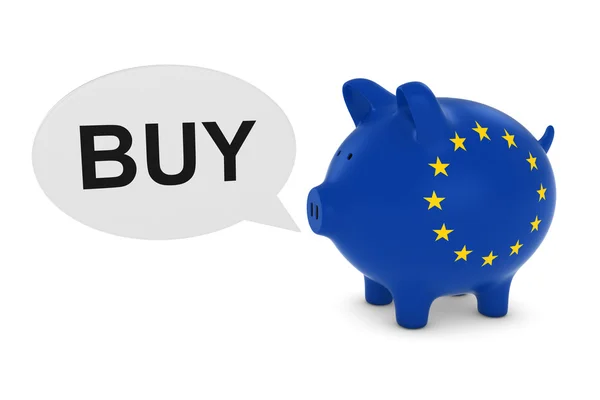 EU zászló Piggy Bank vásárolni szöveg-beszéd buborék, 3D-s illusztráció — Stock Fotó