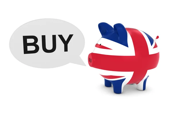 UK vlag spaarvarken met Buy tekst toespraak Bubble 3d illustratie — Stockfoto