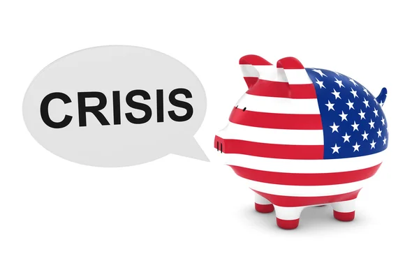 US Flag Piggy Bank with Crisis Text Speech Bubble 3D Illustration — Stock Photo, Image