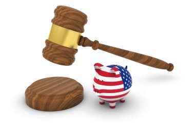 Bize mali hukuk kavramı - hakimin tokmak ile Amerikan bayrağı kumbara 3d çizim
