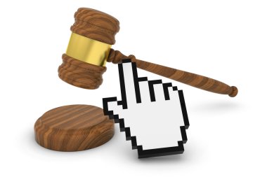 Internet Hukuku kavramı - hakimin tokmak ile bilgisayar el imleci 3d çizim