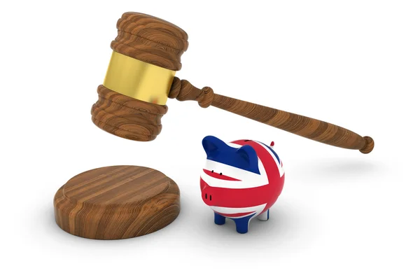 UK Financial Law Concept - Judge's hamer met Britse vlag Piggy Bank 3d illustratie — Stockfoto