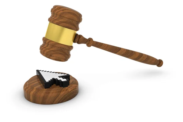 Conceito de Lei de Tecnologia - Gavel do juiz com ilustração 3D do cursor do ponteiro do computador — Fotografia de Stock