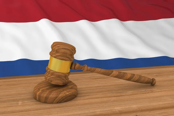 Nederlandse wet Concept - vlag van Nederland achter rechter hamer 3d illustratie — Stockfoto