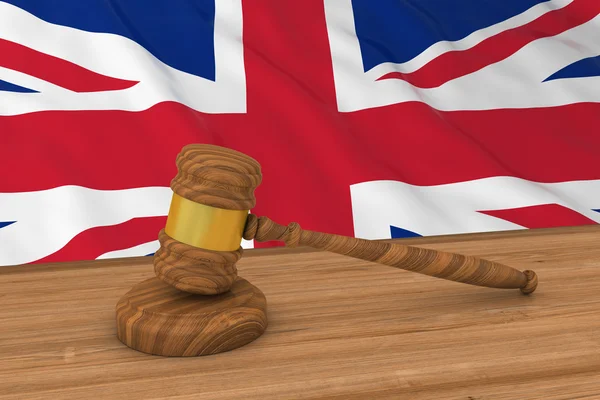 Britse wet Concept - vlag van het Verenigd Koninkrijk achter rechter hamer 3d illustratie — Stockfoto