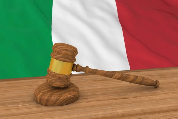 Italiaanse wet Concept - vlag van Italië achter rechter hamer 3d illustratie — Stockfoto