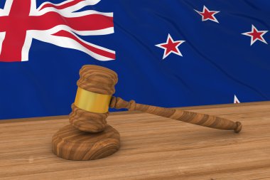 Yeni Zelanda hukuk kavramı - Yeni Zelanda yargıcın arkasında bayrağı tokmak 3d çizim