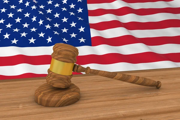 American Law Concept - Bandiera degli Stati Uniti dietro l'illustrazione 3D Gavel del giudice — Foto Stock