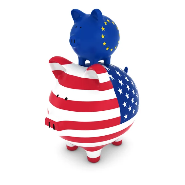 Bandera Europea Piggy Bank Piggybacking en US Piggy Bank Concepto Económico Ilustración 3D —  Fotos de Stock