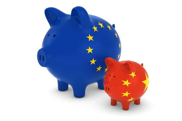 Europäische Flagge und chinesische Flagge Sparschweine Wechselkurskonzept 3d Illustration — Stockfoto