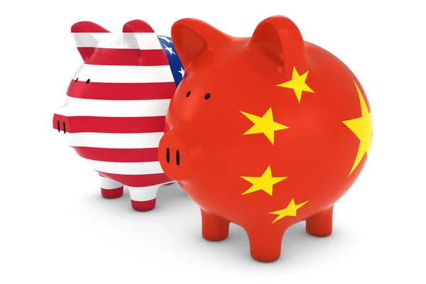 Drapeau américain et chinois Piggy Banks International Trade Concept Illustration 3D — Photo