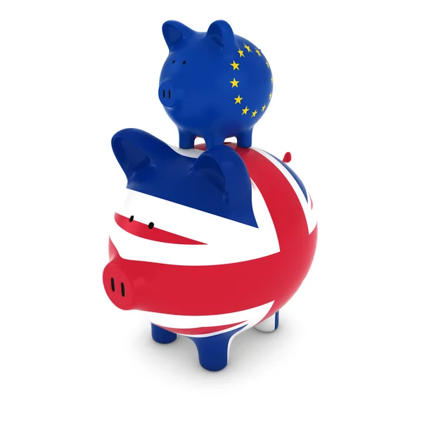 Europese vlag Piggy Bank meeliften op Uk Piggy Bank economische Concept 3d illustratie — Stockfoto