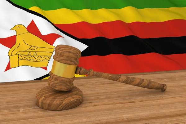 Conceito de Direito do Zimbábue - Bandeira do Zimbábue por trás da ilustração 3D do martelo do juiz — Fotografia de Stock