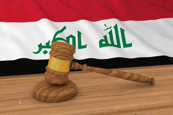 Iraakse wet Concept - vlag van Irak achter rechter hamer 3d illustratie — Stockfoto
