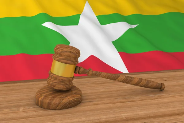 ビルマ法の概念 - 裁判官のガヴェル3Dイラストの背後にあるミャンマーの旗 — ストック写真