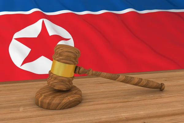 Concepto de Ley de Corea del Norte - Bandera de Corea del Norte Detrás del Martillo del Juez Ilustración 3D — Foto de Stock