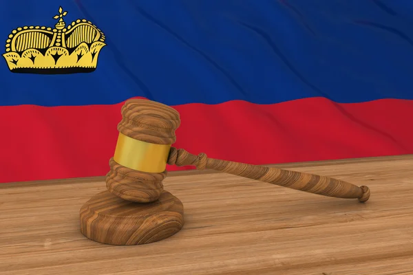 Concepto de Derecho de Liechtenstein - Bandera de Liechtenstein Detrás del Martillo del Juez Ilustración 3D —  Fotos de Stock