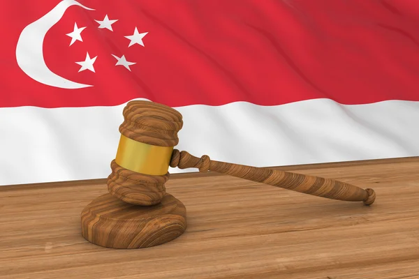 Conceito de Direito de Cingapura - Bandeira de Cingapura por trás da ilustração 3D Gavel do Juiz — Fotografia de Stock