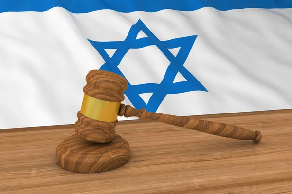 Conceito de lei israelense - Bandeira de Israel por trás da ilustração 3D do martelo do juiz — Fotografia de Stock
