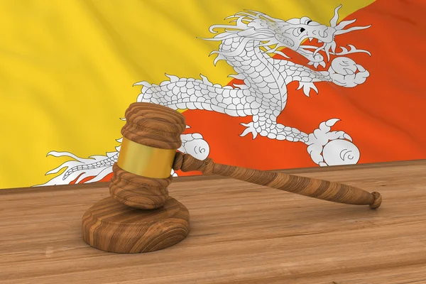 Bhútánský zákon-vlajka bhútánovy vlajky za soudcem, Gavel 3D ilustrace — Stock fotografie